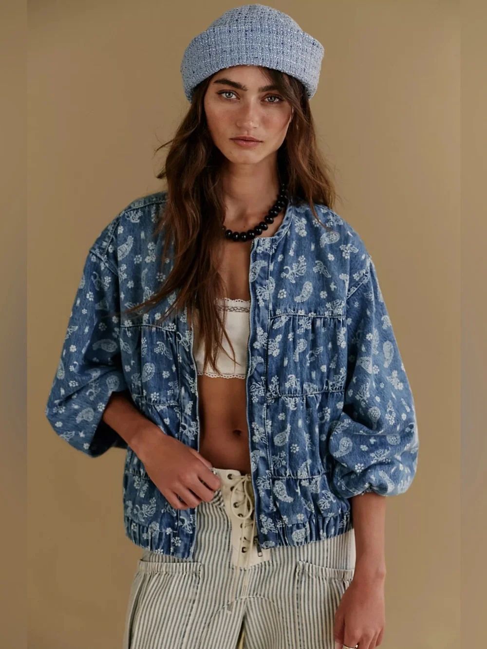 WeβThe Free Layla Printed Denim Jacket Size S